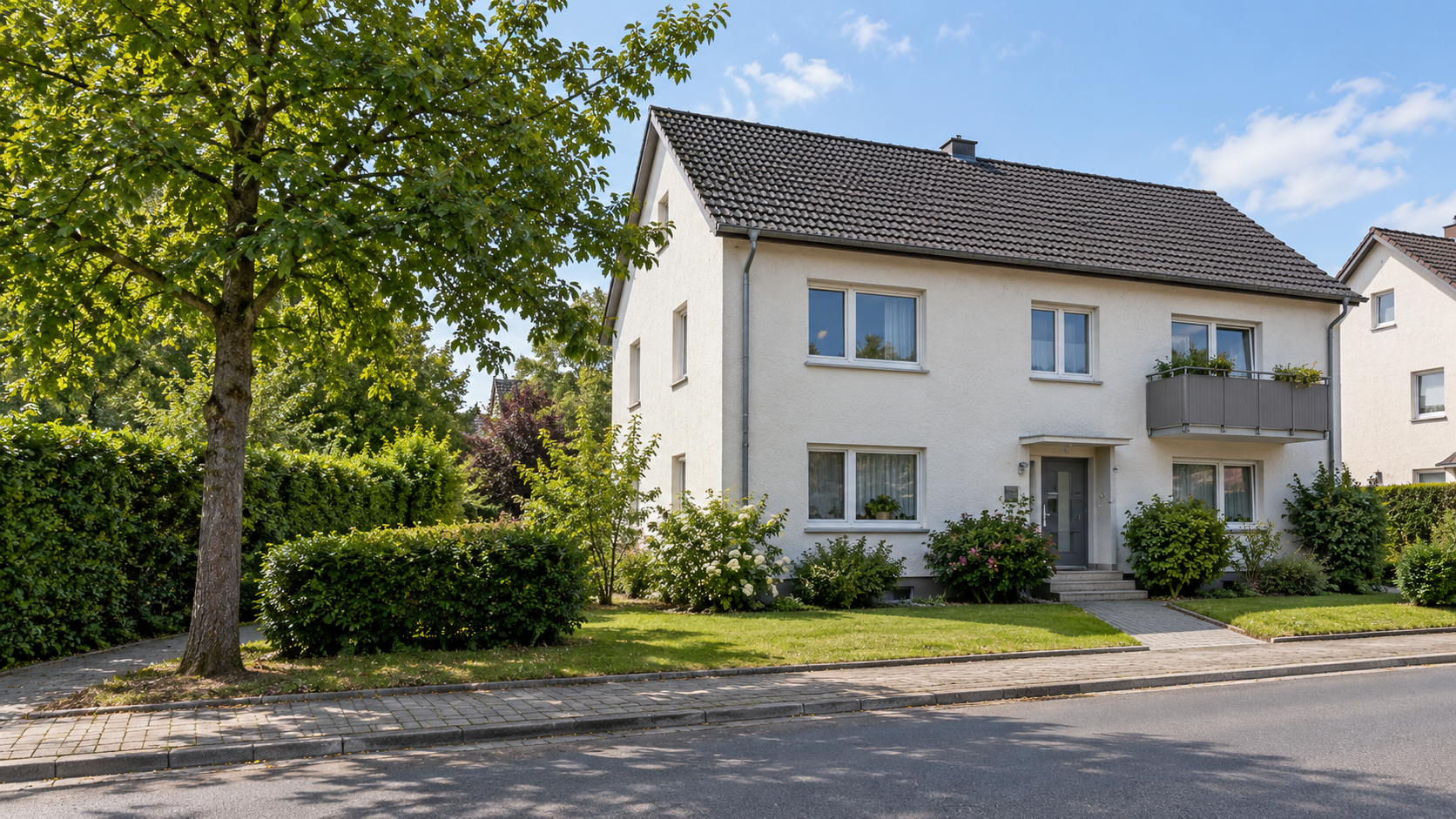 Straßenansicht eines zweigeschossigen Wohnhauses in Massivbauweise mit Satteldach und Vorgarten